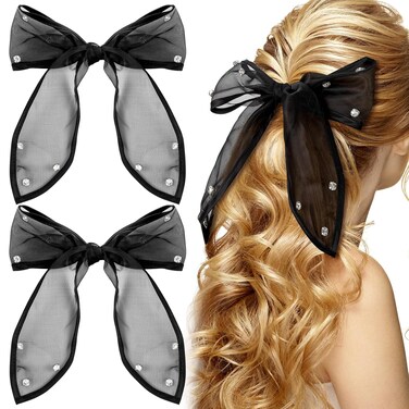 Rhinestone Mesh Tulle Hair Accessories - Large Black Hair Clips, Cute Ribbon Bows with Long Tail for Women, Bridal and Birthdays