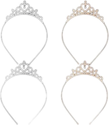 4 Pack Glittering Rhinestone Non-Slip Crown Headbands for Women, Sparkling Crystal Heart Adjustable Wedding Bridal Tiara Headpiece Hair Band for Brides Bridemaids Girls- 2 Gold &amp; 2 Silver