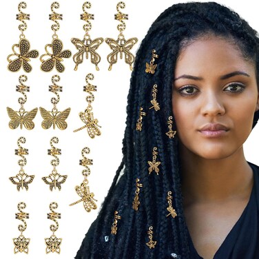 12PCS Gold Butterfly Hair Clips Loc Hair Jewelry for Braids Dreadlocks Braiding Beads Hair Cuffs Rings Accessories for Women Girls Wedding Party Prom (6 Styles)