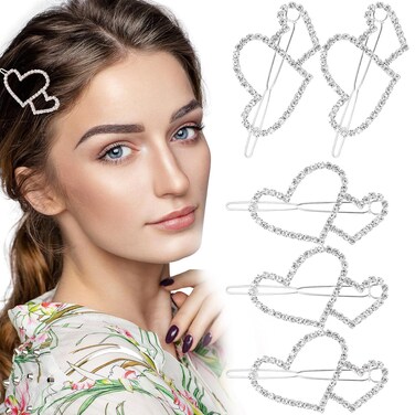 5pcs Rhinestones Hollow Heart Boho Hair Clips Barrette Bling Crystal Love Hair Pins Decorative Valentine Weddinig Prom Headdress Accessories for Women Girls Bride(Silver)