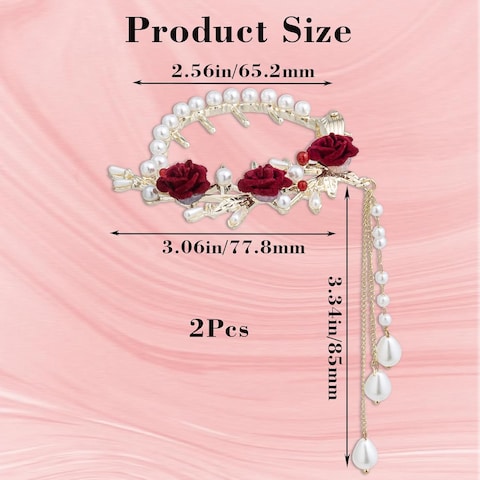 2Pcs Red Rose Hair Claw Clips Vintage Pearl Barrettes High Ponytail Pill Head Holder Valentines Wedding Decorative Hair Accessories for Women Girls Thick Hair