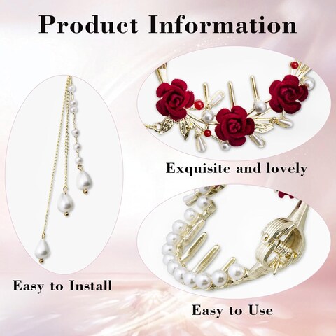 2Pcs Red Rose Hair Claw Clips Vintage Pearl Barrettes High Ponytail Pill Head Holder Valentines Wedding Decorative Hair Accessories for Women Girls Thick Hair