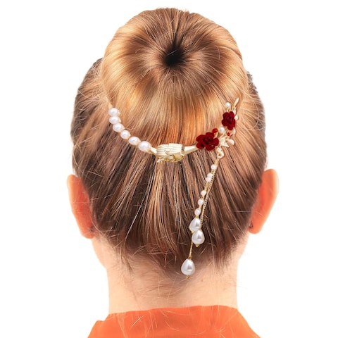 2Pcs Red Rose Hair Claw Clips Vintage Pearl Barrettes High Ponytail Pill Head Holder Valentines Wedding Decorative Hair Accessories for Women Girls Thick Hair