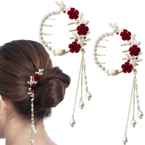 2Pcs Red Rose Hair Claw Clips Vintage Pearl Barrettes High Ponytail Pill Head Holder Valentines Wedding Decorative Hair Accessories for Women Girls Thick Hair
