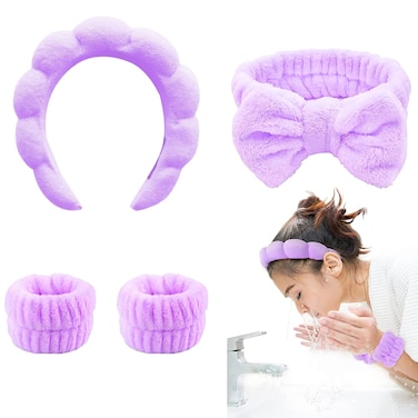 LIEWEILS TLUXX 4-Piece Spa Headband &amp; Wristband Set， Reusable Makeup &amp; Skincare Accessories for Face Washing, Preventing Liquid Overflow - Ideal for Women &amp; Girls
