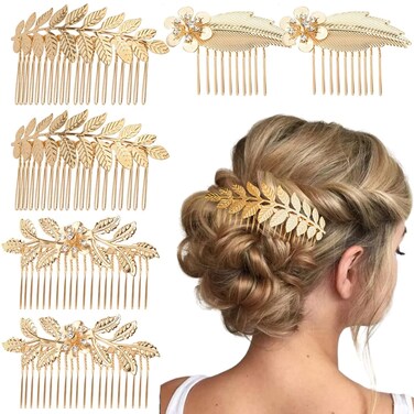 Dazzhues 6 PCS Leaf Hair Combs Wedding Hair Comb Clips Gold Rhinestone Side Comb Wedding Headpiece Hair Accessories for Women Girls Bride Bridesmaid(3 Different Size)