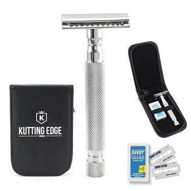 Kutting Edge Safety Razor For Men &amp; Women Stainless Steel Non-Slip Long Handle Premium Quality Double Edge Safety Moustache &amp; Beard Shaper Eco Friendly With 10 Blades &amp; Travel Pouch ideal for Gift