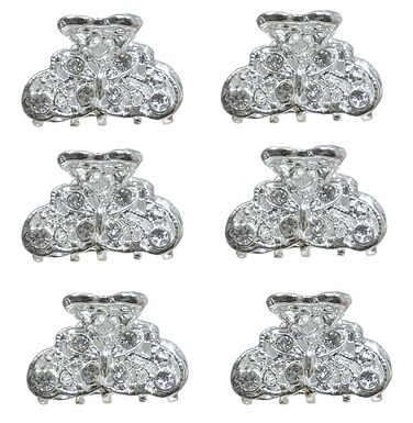 Set of 6 Mini Hair Claws Silvery White Trim Sparkly White Crystals Bridal Claw Clips 6-1-6