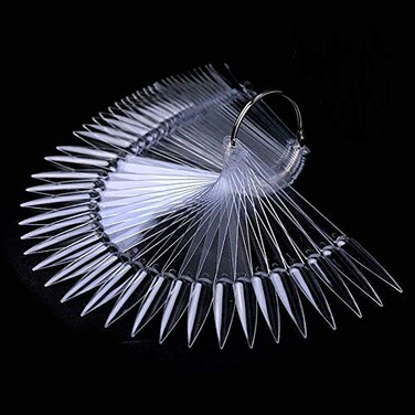 Aliotech 2 sets 100 Tips Fan Shape Plastic Nail Art Tips Display Polish board Display Practice Sticks with Metal Split Ring Holder (Clear)