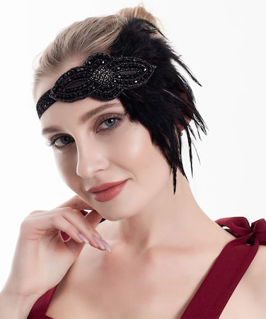 Bridal 1920s Flapper Feather Headband with Stretchy Band Crystal Beaded Black Feather Headpiece Hair Jewelry for Women and Girls