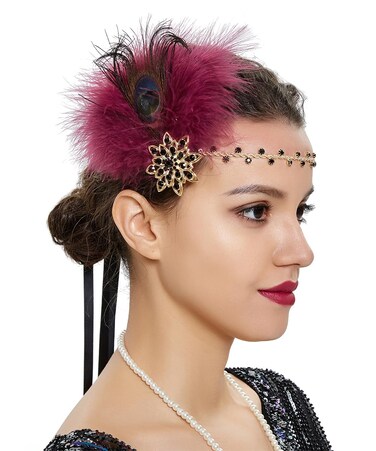 Bridal 1920s Flapper Feather Headband with Hair Clip Crystal Flower Black Peacock Feather Headpiece Hair Jewelry for Women and Girls (Red)