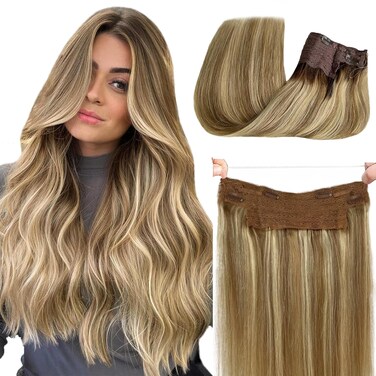 Hair Extensions Halos Hair Light Brown Ombre Balayage Highlights Human Hair Extensions Brown with Blonde Highlighted Invisible Fish Line Halos Hair Extensions Real Human Hair 16 Inch 80g