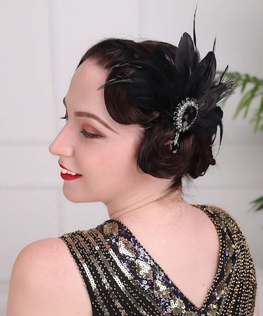 Aimimier 1920s Flapper Feather Hair Clip with Crystal Head Chain Roaring 20s Headpiece Costume Masquerade Hair Jewelry