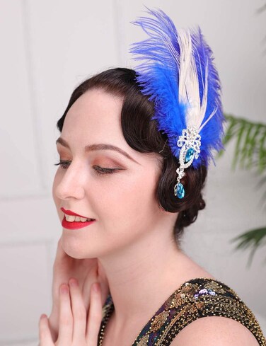 Aimimier 1920s Flapper Feather Headband Blue Crystal Tassel Head Chain Headpiece Prom Party Roaring 20s