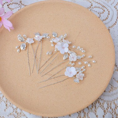 Wedding Hair Clips, Bridal Hair Pins 5 Packs Silver Ceramic Flower Hair Accessories for Brides, Girl, Women, Flower Girl