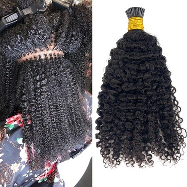 HAPPY&amp;CC 4B 4C Afro Kinky Curly I Tip Hair Extensions Brazilian Virgin Human Hair 1g strand 100g Easy Stick I Tip Hair (16inch)