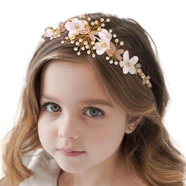 Campsis Flower Girl Headpiece Wedding Head Piece Crystal Pearl Hair Headband First Communion Accessories Tiara for Girls(Gold)