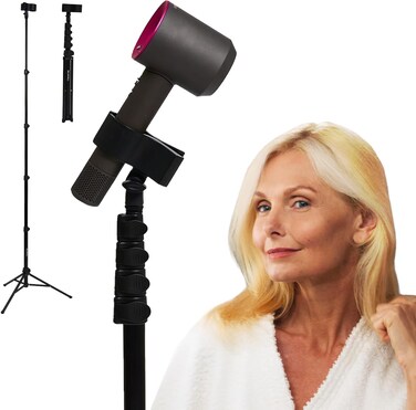 Hair Dryer Stand &ndash; Heavy Duty 26-74 Inch Adjustable Blow Dryer Holder with Non-Slip Tripod and Universal Clip &ndash; Hands Free for Frozen Shoulder, Arthritis, and Wrist Pain Relief