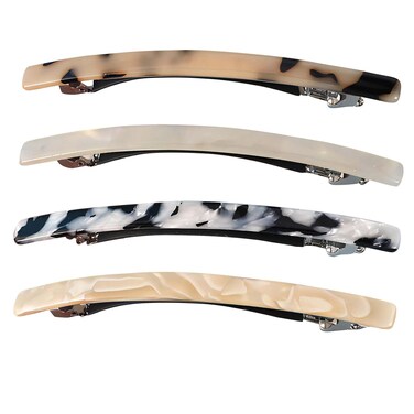4 Pack Sparkly Slim Bow Tortoise Shell Celluloid Marble Acetate Durable Hinge Hair Barrette Leopard Print Ponytail Holders Classic French Barrette Rubber on the Clips Hairclip for Thin Hair