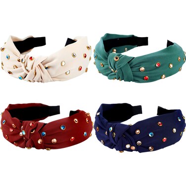 WILLBOND 4 Pcs Rhinestone Headband for Women Girls Embellished Twist Knot Wide Hair Hoop Hair Band Decoration