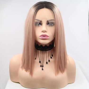 xiweiya Short Rose Gold Straight Cut Bob Lace Front Wigs with Dark Root Middle Part Short Pink Bob Short Soft Wig Heat Resistant Fiber Hair Replacement Wig Women Drag Queen Makeup 14inch
