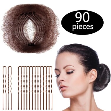 Zonon Bun Hair Nets 50Pcs, Invisible Elastic Edge Mesh, Individual Package, Brown &amp; U Shaped Pins 40Pcs for Ballet Bun, Sleeping, Women and Wig
