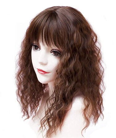 Hair Topper Hairpieces with Bangs for Women, Clip on Curly Wavy Synthetic Top Wiglet Hairpieces for Thinning Hair (14" Thin Black)