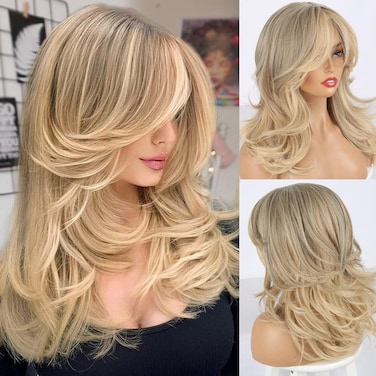 LEOSA Golden Blonde Wig Strawberry Blonde Wig with Bangs Long Haired Wig for Women Curtain Bangs Synthetic Layered Wig Long Wavy Medium Brown Wig Light Ombre Real Hair Wig for Daily Party Use