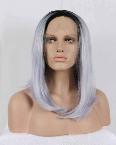 Natural Purple Bob Wig for Women Shoulder Length Pastel Taro Ombre Dark Roots Heat Resistant Fiber Synthetic Lace Front Wigs for Women Female Summer Haircut Replacement Short Bobs 14