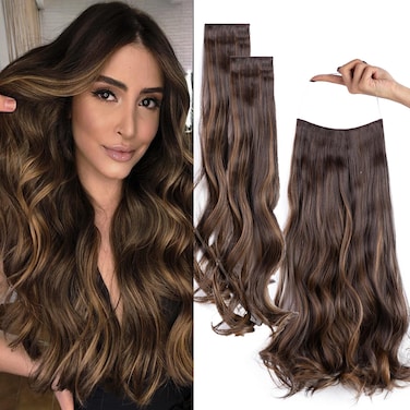 Upgrade Invisible Halo Hair Extensions with 3 PCS Set Headband Adjustable Long Wavy Secret Dark Brown Wire Hair Extensions for Women