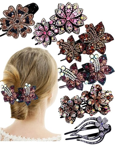 Hair Clip, 6 Pcs Double Flower Rhinestone Hair Clip, Elegant Crystal Hair Ornaments for Women, Thick Hair(Large), Pink