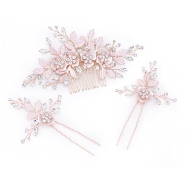 Oriamour Wedding Side Combs Handmade Bridal Hair Pins Set Rhinestone Bridal Comb Flower Clip Head Pieces for Women Set of 3 Rose Gold