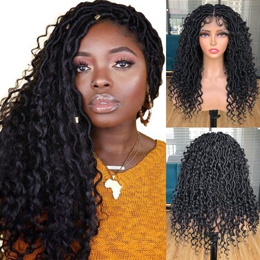 Black Faux Locs Braided Wigs for Black Women Goddess Faux Locs Wigs with Baby Hair 18 Inch Full Double Lace Front Crochet Goddess locs Knotless Dreadlock Wig（1B）