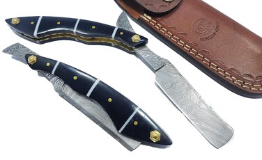 Damascus Steel Straight Razor fixed Blade Camel Bone with Leather Sheath Belt Loop. STR-24001