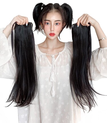 2pcs Ponytail Wig Tie up-Long Straight Hair Extension Cosplay Twin-tail Cute Pony Tail Pig Tails Hairstyle 26" Off Black