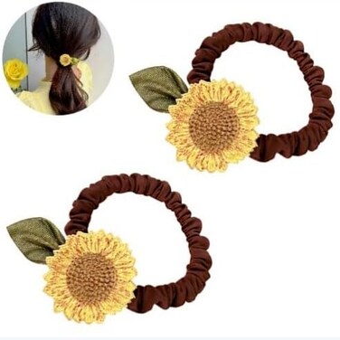 2 Pcs, Brown Sunflower Scrunchies Hair Ties, Elastics Hair Bands, Ponytail Holders, Spring Hair Accessories for Women and Girls