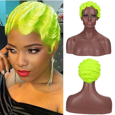 Short Finger Wavy Wig Curly Black Cute Nuna Wig Real Retro African Black Wigs for Women Mommy Wig Is Looks Natural (Fluorescent green)