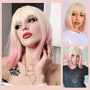 Short Blonde Pink Wig for Women Ombre Bob Wig With bangs Colorful Bob Wig Synthetic Short Straight Bob Wig 12 Inches (bob2200)