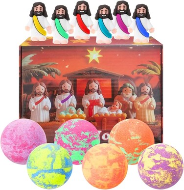 6 Pcs Christmas Bath Bombs with Surprise Toys Inside Jesus Bath Toys for Kids Girls Boys Adults Christmas Stocking Stuffers Christmas Party Favors Gifts