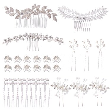 Cinaci 41 Pack Sparkly Silver Rhinestone Leaf Flower Pearl Bridal Hair Side Combs+U-shaped &amp; Twist Hair Pins Clips Barrettes Wedding Headpieces Accessories for Women Girls Brides Bridesmaids
