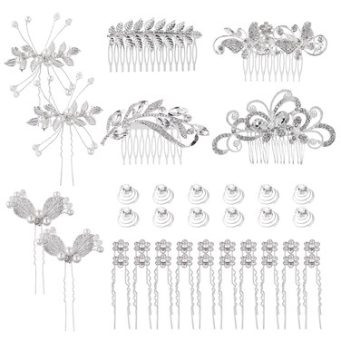 Cinaci 40 Pack Shinning Silver Rhinestone Butterfly Leaf Flower Bridal Hair Side Combs+U-shaped &amp; Twist Hair Pins Clips Barrettes Wedding Headpieces Accessories for Women Girls Brides Bridesmaids