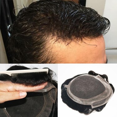 Toupee for Men 100% Real Human Hair Bleached Knots Natural Hairline Toupee French Lace with Pu Hair System Mens Micro knots Capillary Prosthesis Hairpiece Unit (8'x10, 1C (natural black))
