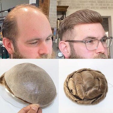 SIMBEAUTY Super Natural Hairline Human Hair Mens Toupee Free Style 10x8 inch Thin Skin Hairpieces Replacement Systems Men Hair (0.06mm skin, 20, medium dark blonde)