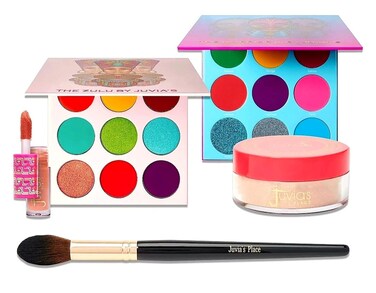 Juvia's Place The Color Bundle. The Warrior 3 + The Zulu + The Heroine Loose Highlighter + Wahala Shakara Mini Lip Gloss + Juvias Place Face Blending Brush. (Bundle Set)