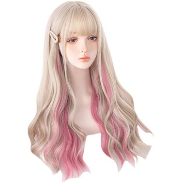 Gold Ear-dyeing Pink Lolita Wig Japanese Harajuku Cute Daily Long Curls Hair Sweet Adult Girls Cosplay Synthetic Hairpiece Chic