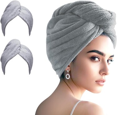 Microfiber Towel, Hair Turbans for Wet Hair, Drying Hair Wrap for Women(The Color of The Picture is for Reference only) (Gray,Gray)