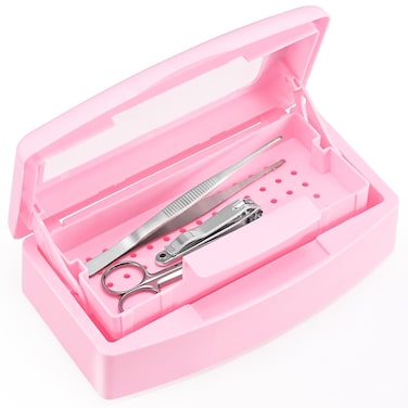 Nail Tool Sterilizer Box, Plastic Sterilization Tray Storage Organizer for Tweezer, Eyelash Extensions, Nail Implement for Esthetician (Pink)