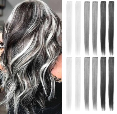 Clip-in Hair Extensions 21 Inch Heat-Resistant Synthetic Straight Hair Extensions for Women &amp; Girls - Gift, Party Highlights - Multi-Colored Hairpiece - 12 PCS (Light Gray, Dark Gray)