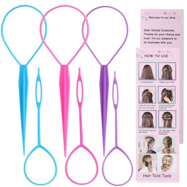 6pcs Pony Hair Tail Tools, Hair Loop Styling Tool French Braiding Hair Tool, Hair Braid Accessories Ponytail Maker for Women Girls, Ponytail Hair Pull Through Tool (2pink+2blue+2purple)