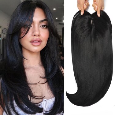 18 inch Hair Toppers for Women with Thinning Straight Hair Topper 6.5"x6.5" large Base with Bangs Hairpiece Synthetic Wig Clip In Light and Natural Black